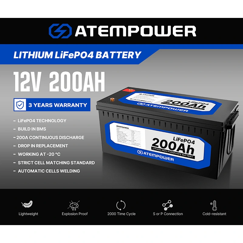 ATEM POWER Deep Cycle Marine 4WD Portable 12V 200Ah LiFePO4 Lithium Battery