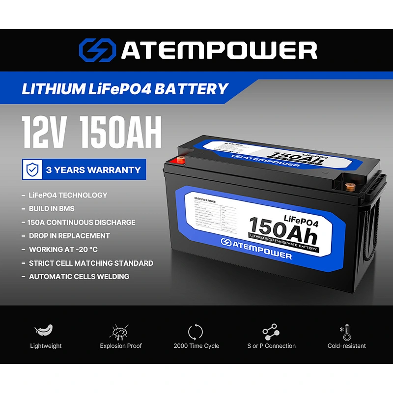 ATEM POWER Lightweight Deep Cycle BMS Safety 4WD 12V 150Ah LiFePO4 Lithium Iron Phosphate Battery
