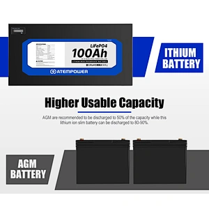 ATEM POWER 12v 100ah Slimline Lifepo4 Lithium Ion Battery fpr RV
