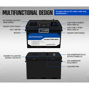 ATEM POWER Built-in 500W Invert Dc to Ac 110-240V Waterproof 12V Camping Portable Battery Box