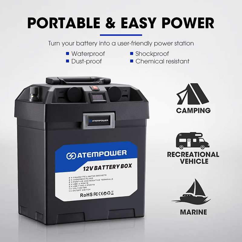 ATEM POWER 12V AGM Camping Portable Quick Charger Battery Box for Trailer RV