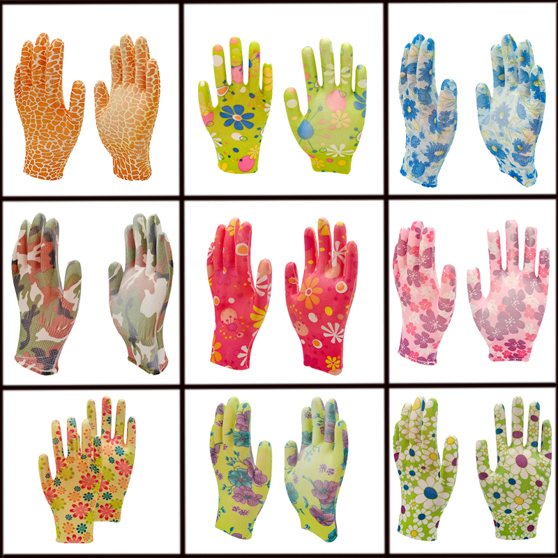 printed pu glove,pu garden glove, 13g garden glove