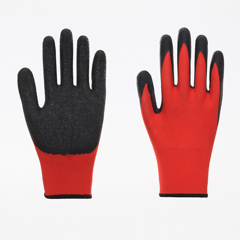 13G red polyester liner black latex crinkle palm coated glove