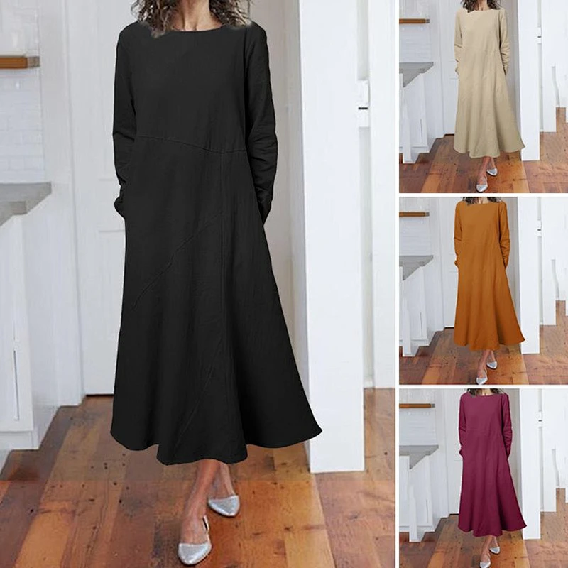 Spring and Autumn Long Sleeve Loose Dress Round Neck A-line Skirt