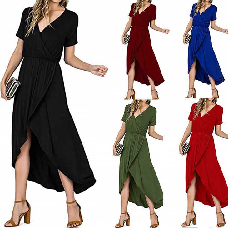Foreign trade new style front short back long dress elegant V-neck dress