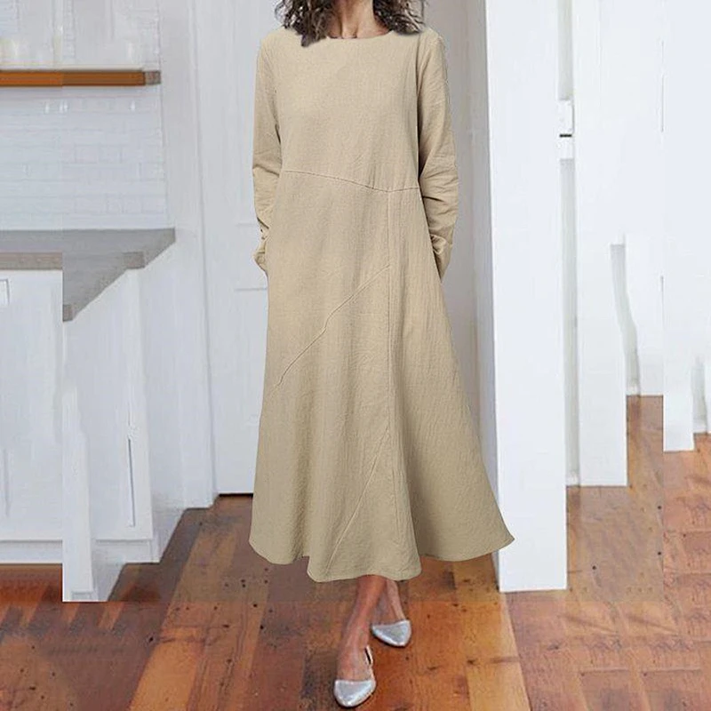 Spring and Autumn Long Sleeve Loose Dress Round Neck A-line Skirt