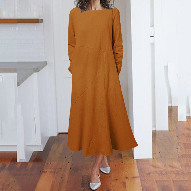Spring and Autumn Long Sleeve Loose Dress Round Neck A-line Skirt
