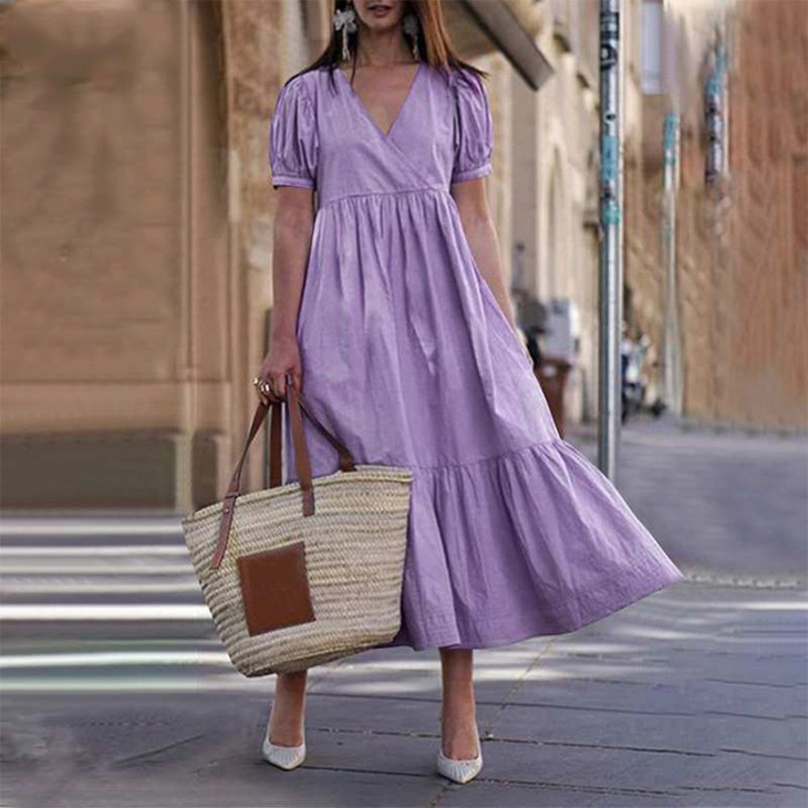 Casual Style Short Sleeve V Neck Dress
