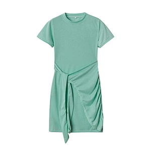 Round Neck Knit Short Sleeve Slim Fit Fashion Dress Bow Solid Color Dress