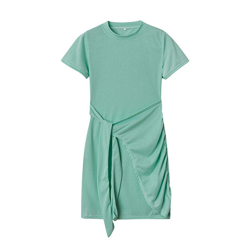 Round Neck Knit Short Sleeve Slim Fit Fashion Dress Bow Solid Color Dress