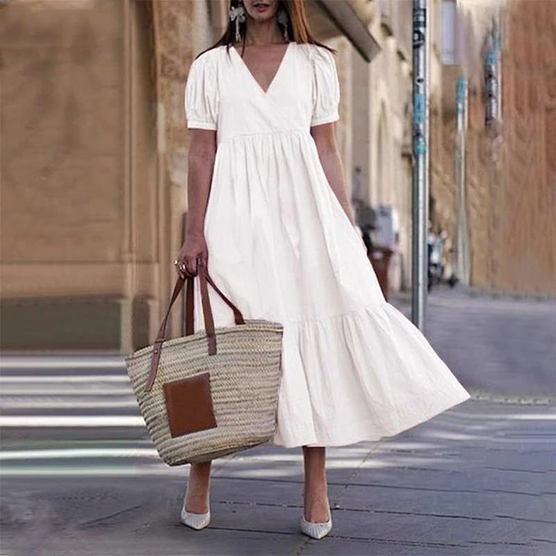 Casual Style Short Sleeve V Neck Dress