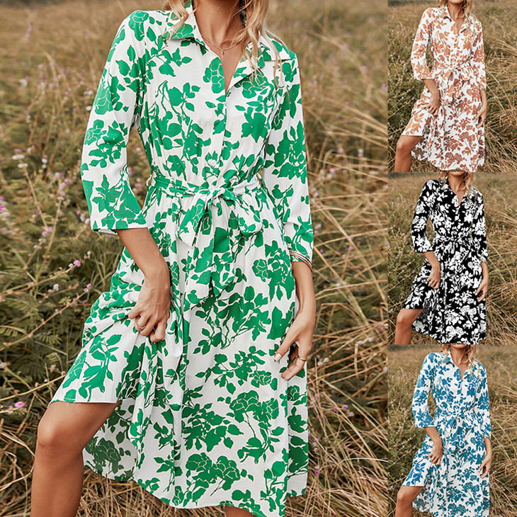 2022 spring and summer new fashion women's long skirt print lace-up dress
