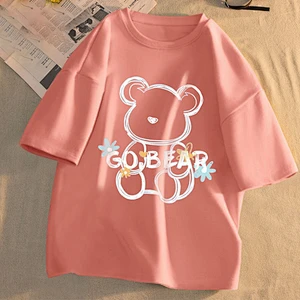 Cute cartoon bear print crew neck T-shirt
