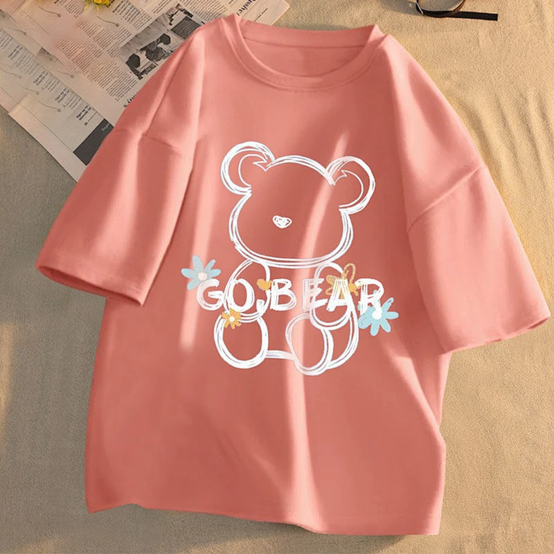 Cute cartoon bear print crew neck T-shirt