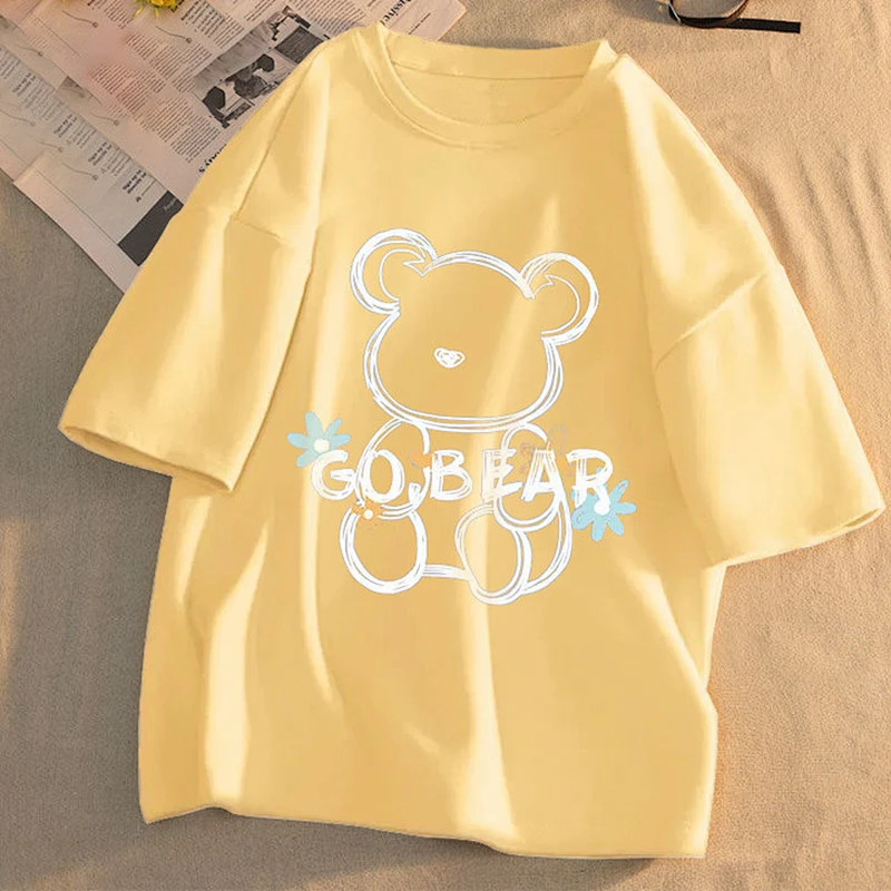 Cute cartoon bear print crew neck T-shirt