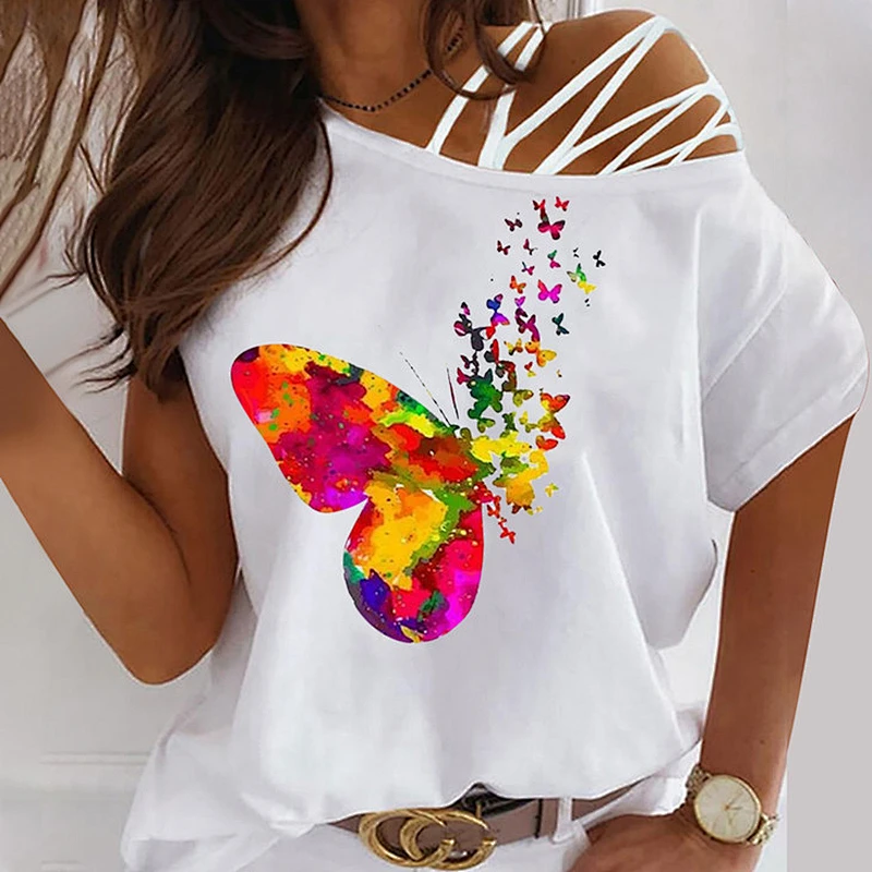 Off Shoulder Print T-Shirt Summer Fashion Tops