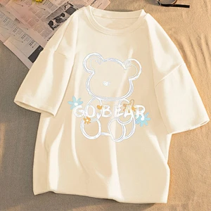 Cute cartoon bear print crew neck T-shirt