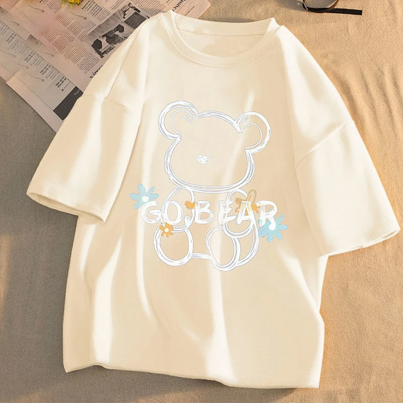 Cute cartoon bear print crew neck T-shirt