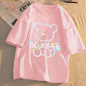 Cute cartoon bear print crew neck T-shirt
