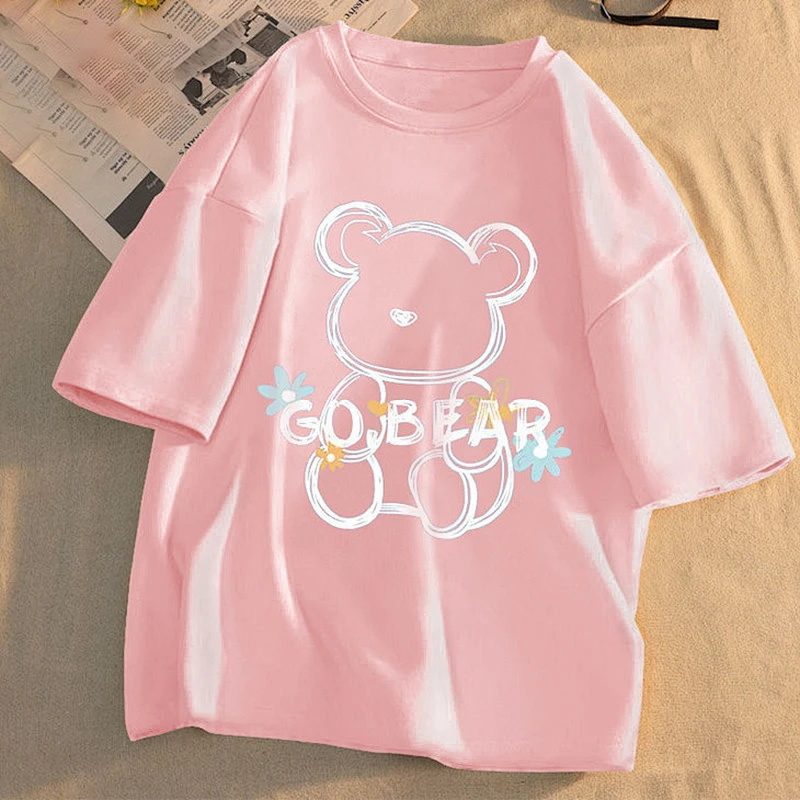 Cute cartoon bear print crew neck T-shirt