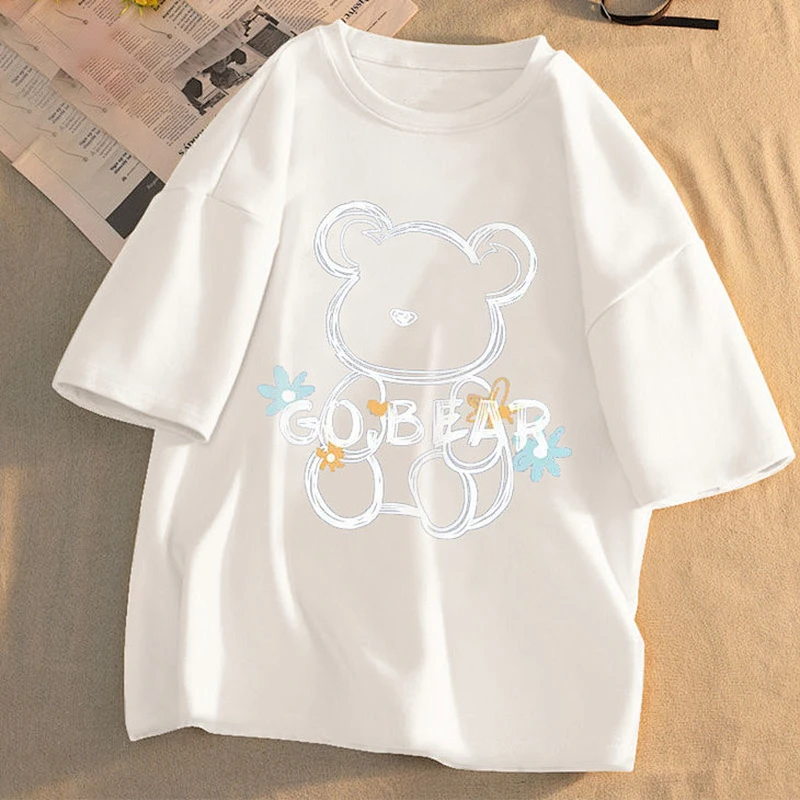 Cute cartoon bear print crew neck T-shirt
