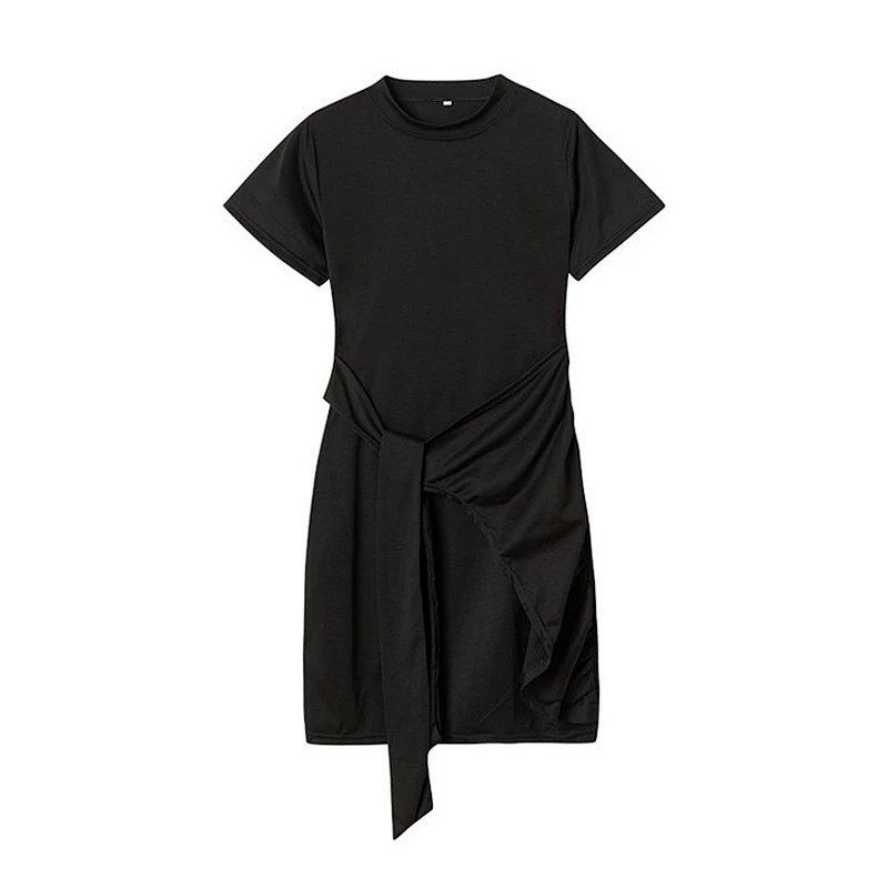 Round Neck Knit Short Sleeve Slim Fit Fashion Dress Bow Solid Color Dress