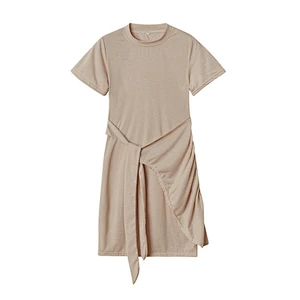 Round Neck Knit Short Sleeve Slim Fit Fashion Dress Bow Solid Color Dress