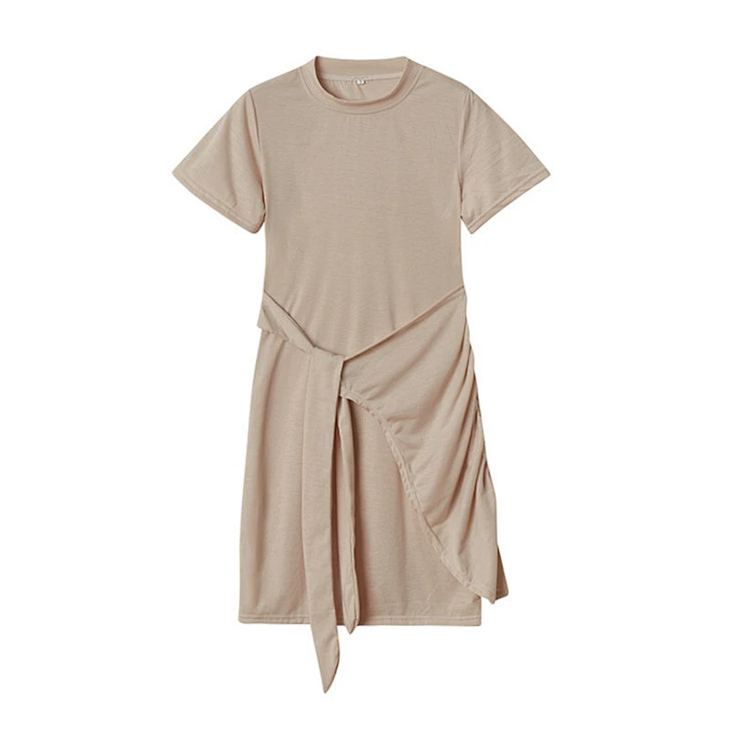 Round Neck Knit Short Sleeve Slim Fit Fashion Dress Bow Solid Color Dress