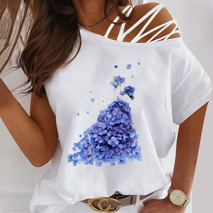Off Shoulder Print T-Shirt Summer Fashion Tops