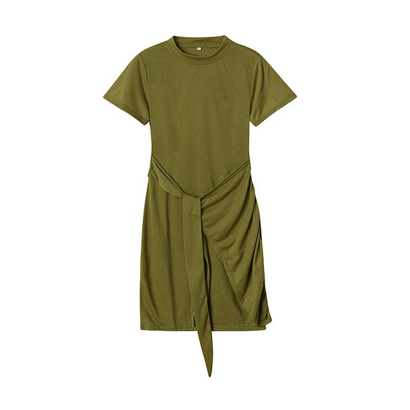 Round Neck Knit Short Sleeve Slim Fit Fashion Dress Bow Solid Color Dress