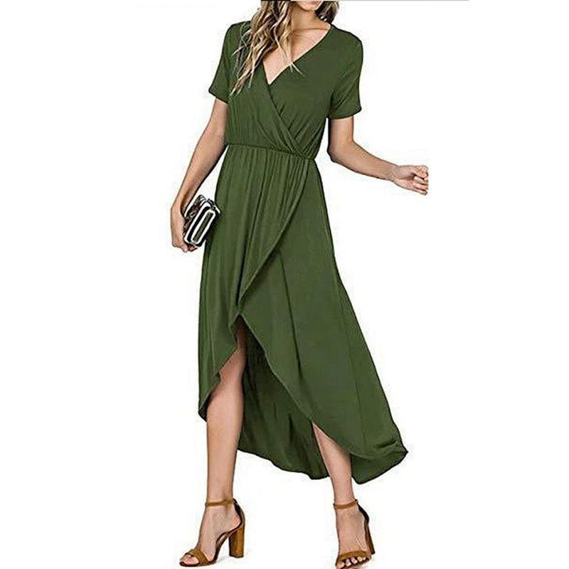 Foreign trade new style front short back long dress elegant V-neck dress