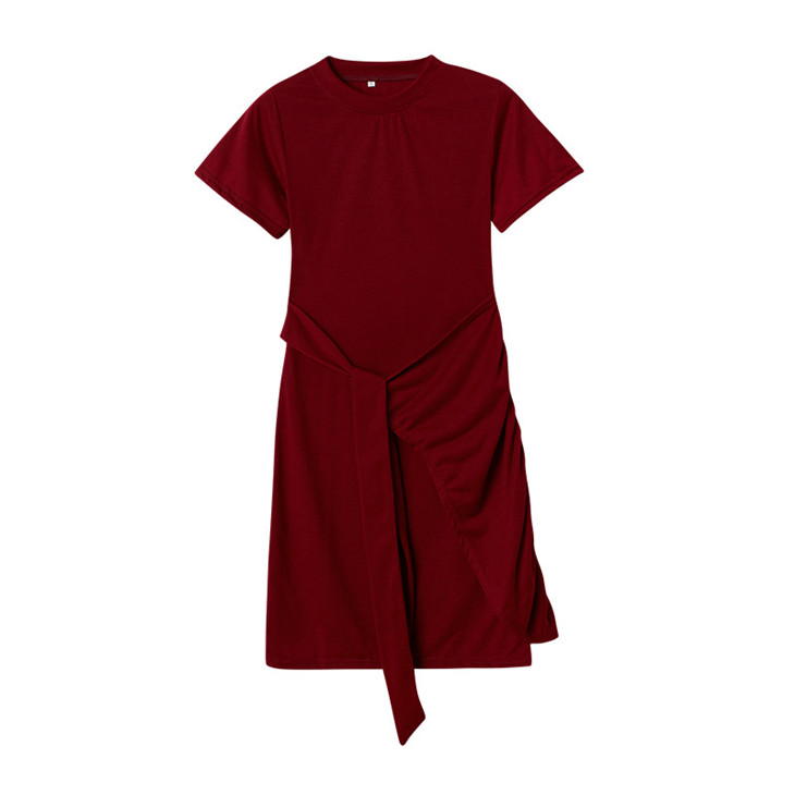 Round Neck Knit Short Sleeve Slim Fit Fashion Dress Bow Solid Color Dress