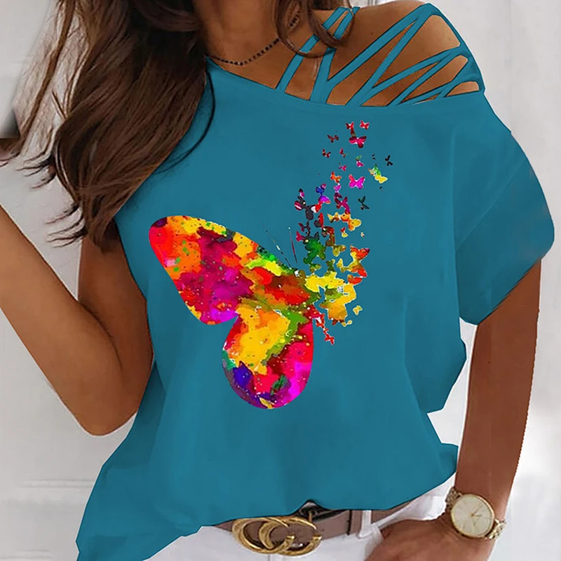 Off Shoulder Print T-Shirt Summer Fashion Tops