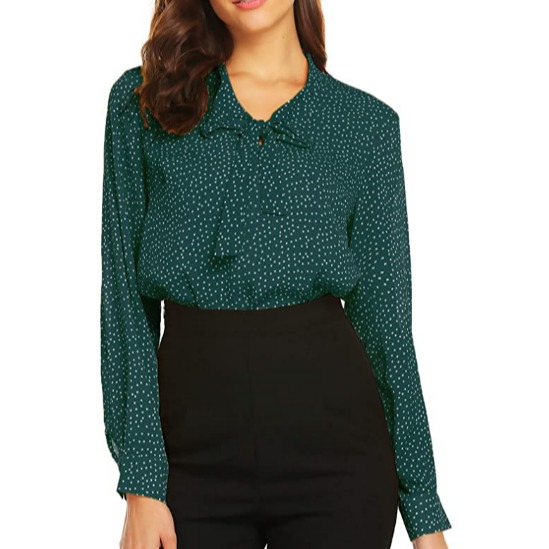 Women's Bow Tie Long Sleeve Casual Office Work Chiffon Blouses