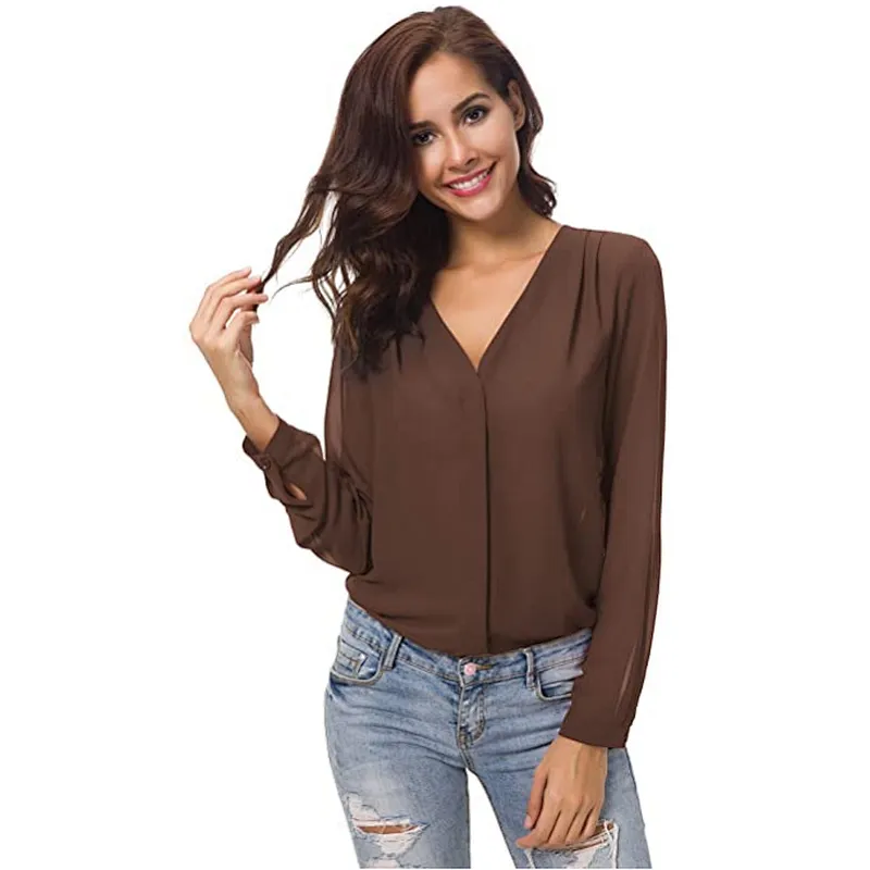 Women’s V-Neck Ruffled Shoulder Business Causal Chiffon Blouse