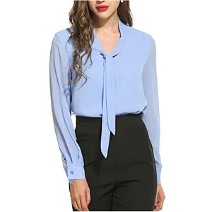 Women's Bow Tie Long Sleeve Casual Office Work Chiffon Blouses