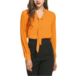 Women's Bow Tie Long Sleeve Casual Office Work Chiffon Blouses