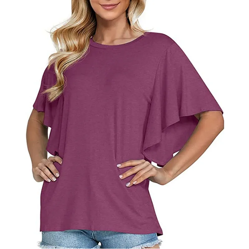 Women Summer Casual Short Sleeves Blouse Ruffle Short Sleeve T Shirt
