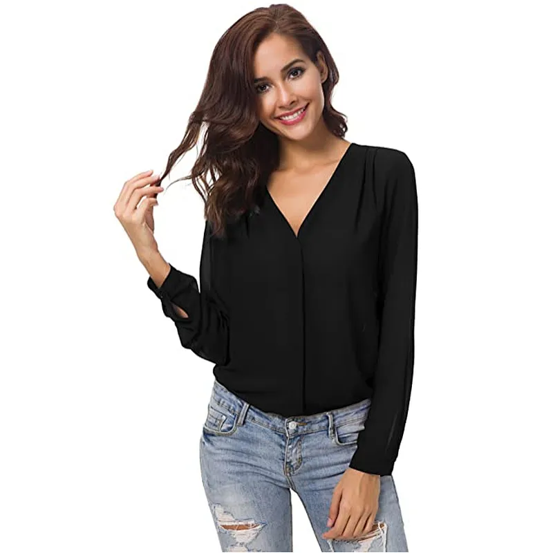 Women’s V-Neck Ruffled Shoulder Business Causal Chiffon Blouse