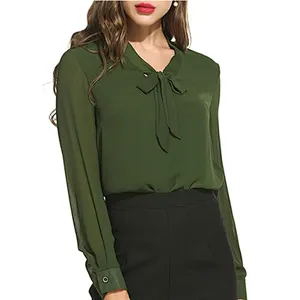 Women's Bow Tie Long Sleeve Casual Office Work Chiffon Blouses