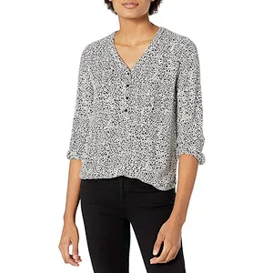 V-neck Button Printing Blouses Loose Summer Shirts