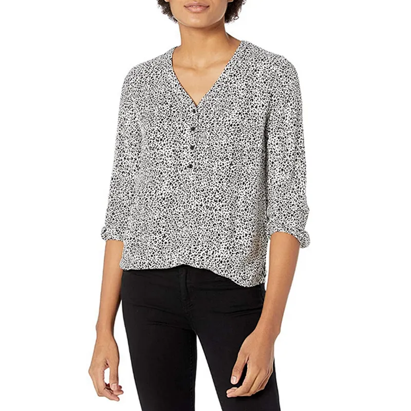 V-neck Button Printing Blouses Loose Summer Shirts