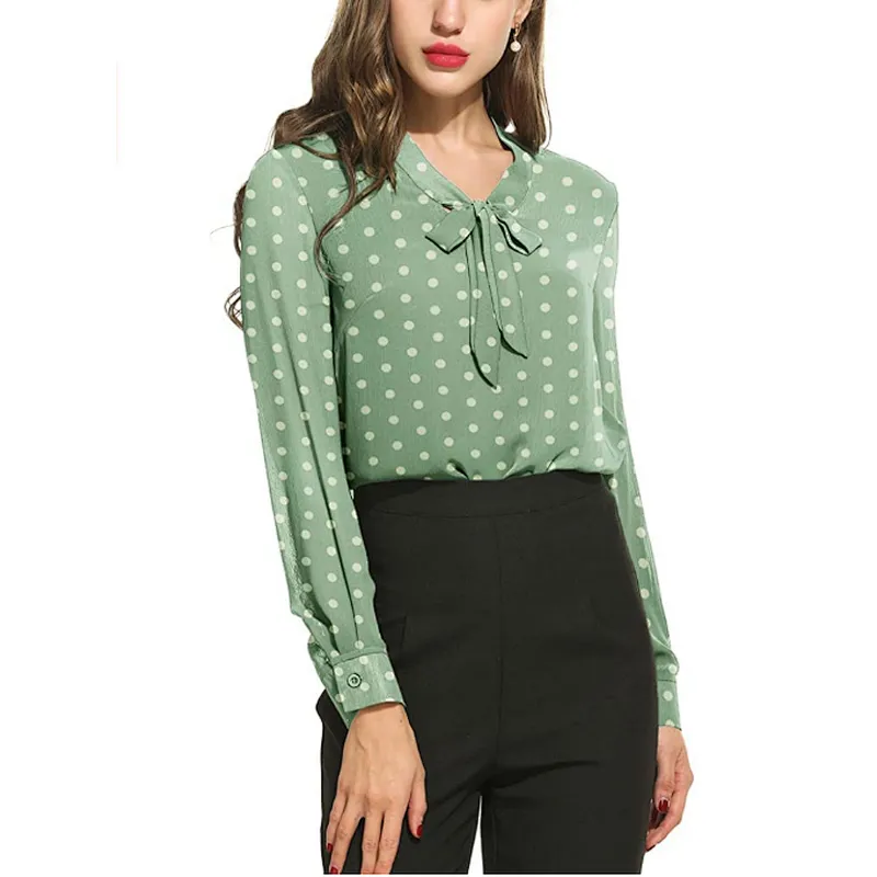 Women's Bow Tie Long Sleeve Casual Office Work Chiffon Blouses
