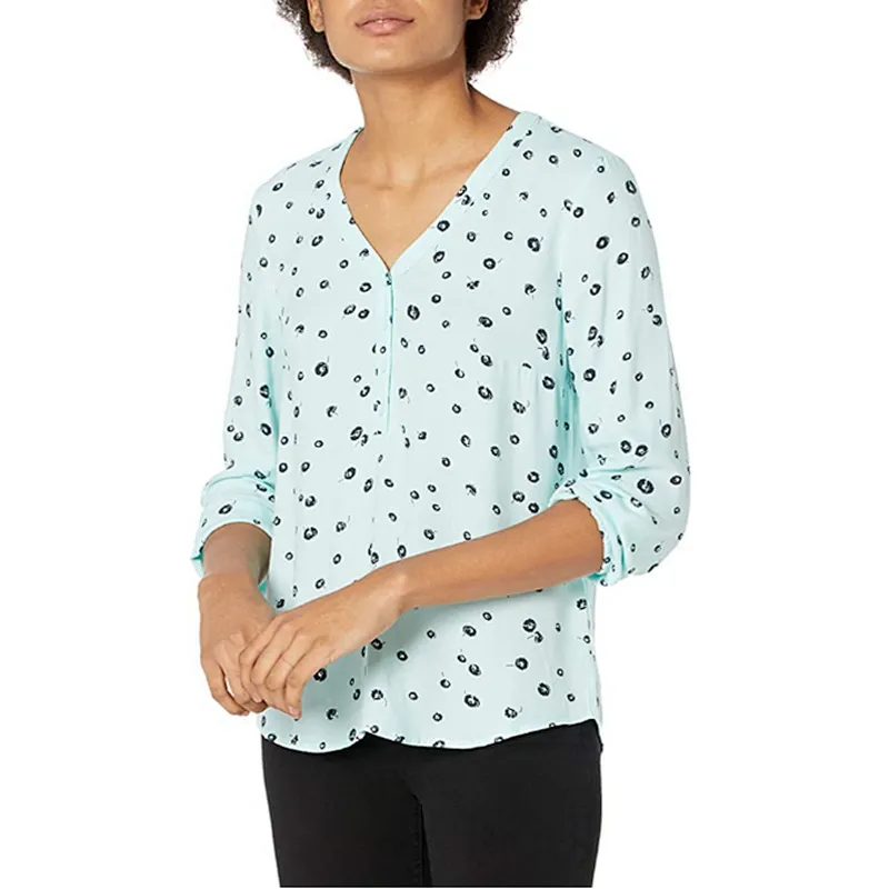 V-neck Button Printing Blouses Loose Summer Shirts