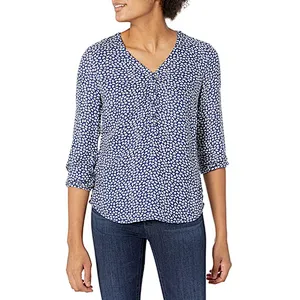 V-neck Button Printing Blouses Loose Summer Shirts