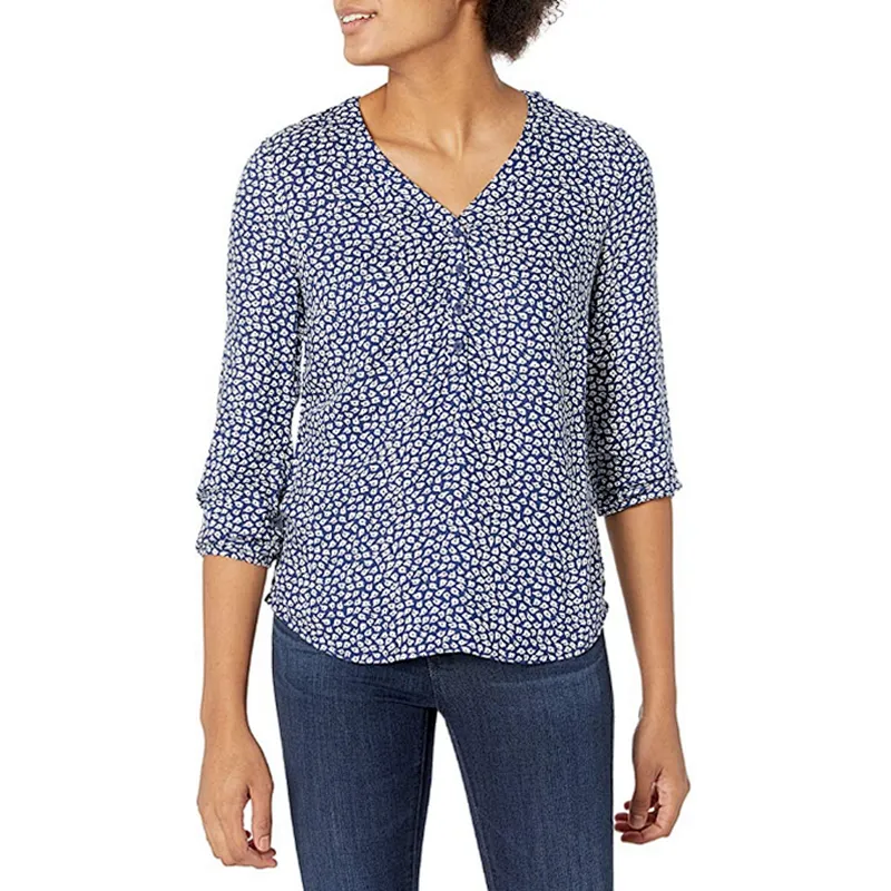 V-neck Button Printing Blouses Loose Summer Shirts