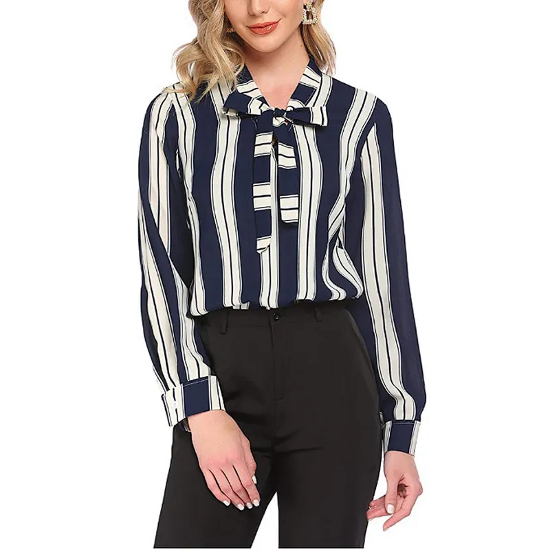 Women's Bow Tie Long Sleeve Casual Office Work Chiffon Blouses