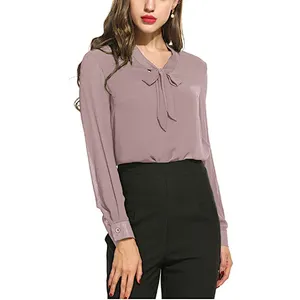 Women's Bow Tie Long Sleeve Casual Office Work Chiffon Blouses