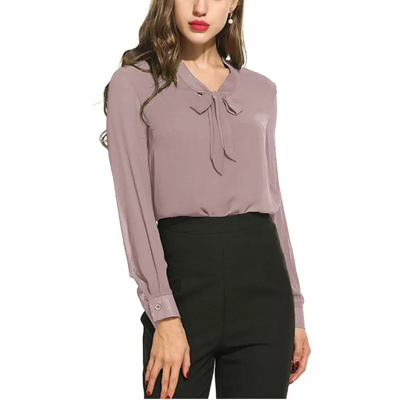 Women's Bow Tie Long Sleeve Casual Office Work Chiffon Blouses