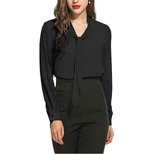 Women's Bow Tie Long Sleeve Casual Office Work Chiffon Blouses
